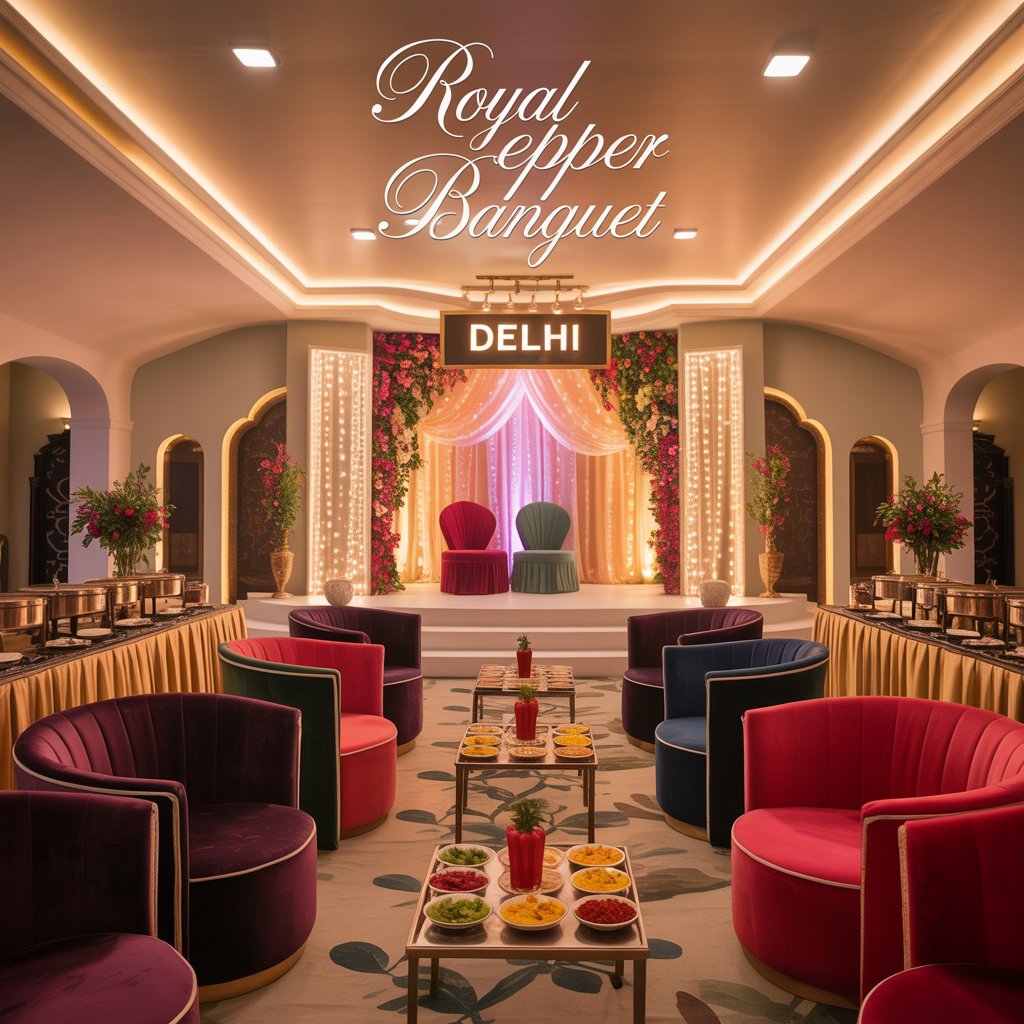 Luxurious banquet hall setup at Royal Pepper Banquet in Delhi, featuring vibrant seating, elegant stage decor with floral arrangements, and a lavish buffet area.
