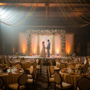 Bride and groom standing on a beautifully decorated wedding stage with floral arrangements and ambient lighting in a lavish banquet hall.