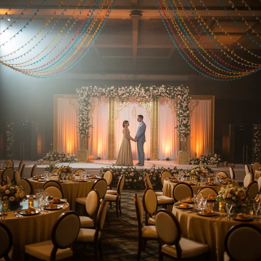 Bride and groom standing on a beautifully decorated wedding stage with floral arrangements and ambient lighting in a lavish banquet hall.