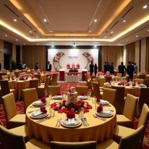 Luxurious banquet hall with elegant chandelier lighting, round tables set for a formal event, and a decorated stage setup.