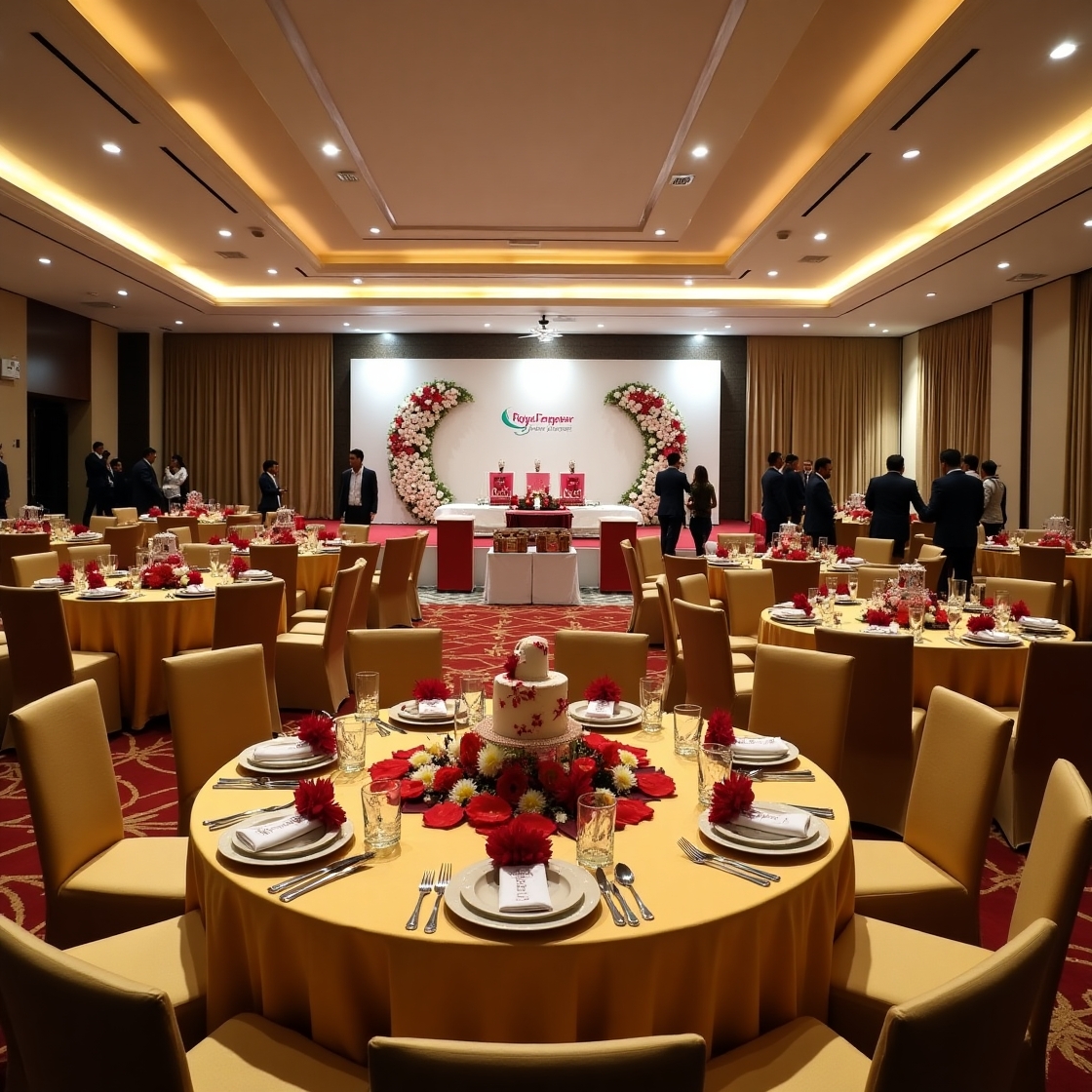 Luxurious banquet hall with elegant chandelier lighting, round tables set for a formal event, and a decorated stage setup.