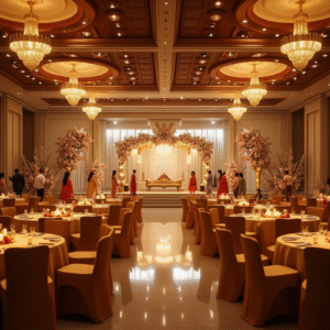 Luxurious wedding hall setup at Royal Pepper Banquet in Wazirpur, featuring elegant chandeliers, floral stage decor, round dining tables with golden covers, and guests in traditional Indian attire.