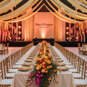 Elegant banquet hall setup in Delhi by Royal Pepper Banquets, decorated with floral centerpieces and golden chairs for a wedding or celebration.