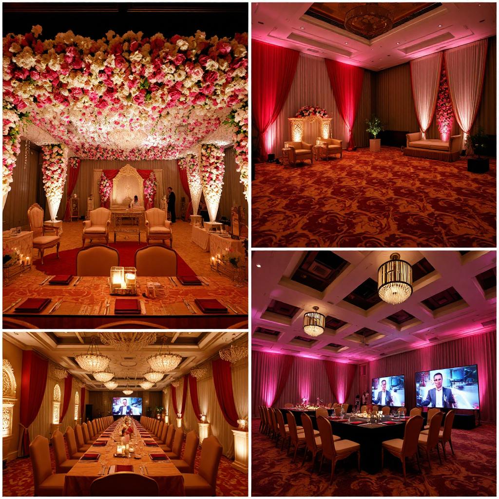 Luxurious banquet hall setups at Royal Pepper Banquets with floral wedding decor and grand chandeliers.