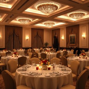 Elegant banquet hall with round tables, floral centerpieces, and ambient lighting.