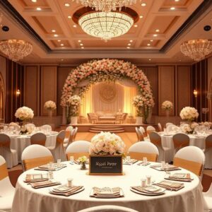 Luxurious wedding banquet hall setup at Royal Pepper Banquets with elegant floral decor and chandelier lighting in North Delhi.