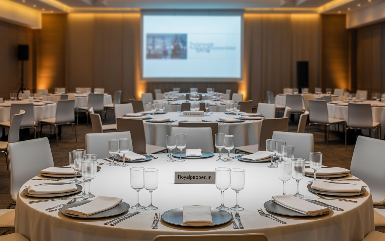 Elegant banquet hall with round tables, white linens, and formal place settings at Royal Pepper.