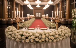 Wedding banquet hall with white rose decorations, golden candelabras, red carpet aisle, and chandeliers.