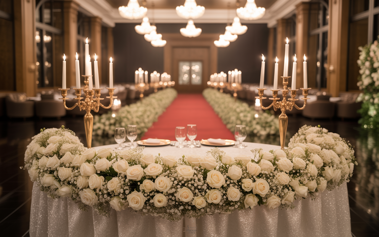 Wedding banquet hall with white rose decorations, golden candelabras, red carpet aisle, and chandeliers.