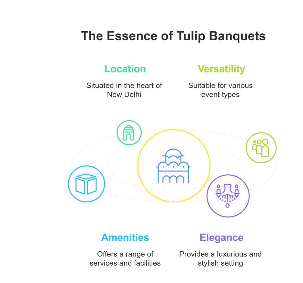 "Infographic showing the key features of Tulip Banquets including location in New Delhi, versatility for events, wide amenities, and elegant ambiance."