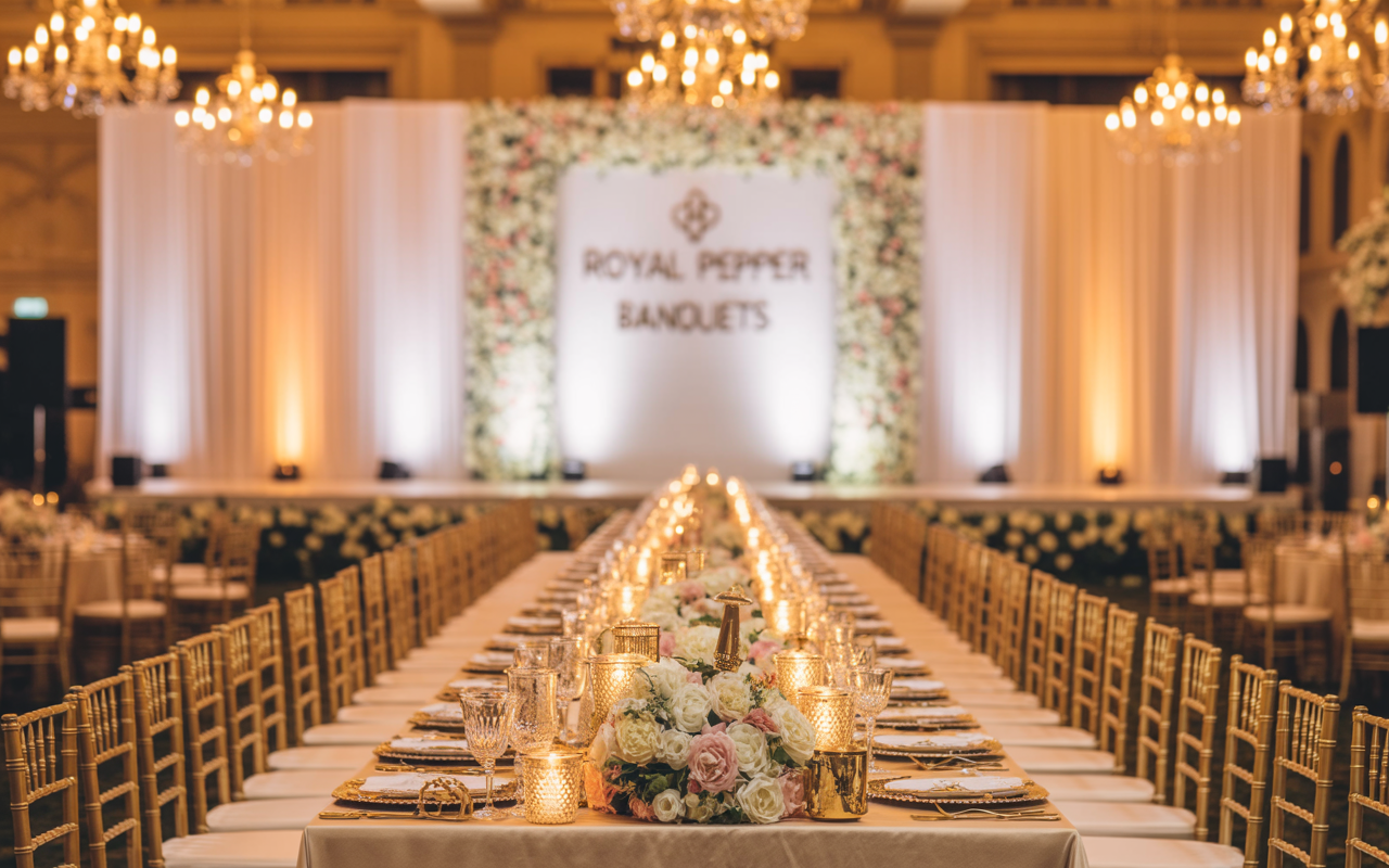 Elegant banquet hall setup at Royal Pepper Banquets in Rohini with luxurious decor and floral arrangements