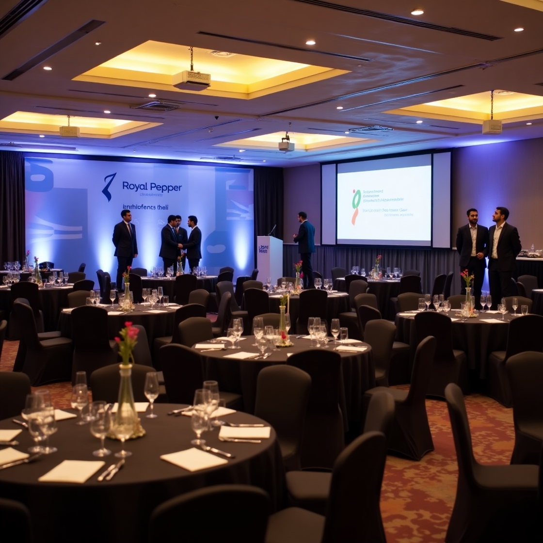 Corporate event setup at Royal Pepper Banquet Hall in Delhi with round-table seating and professionals networking.