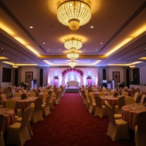 Lavish banquet hall interior with elegant chandeliers, decorated wedding stage, and round dining tables at Royal Pepper Banquet in Wazirpur