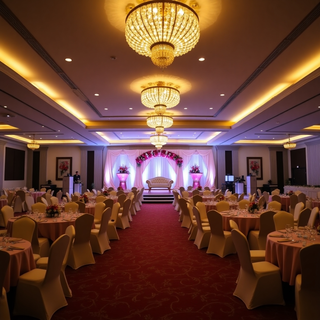Lavish banquet hall interior with elegant chandeliers, decorated wedding stage, and round dining tables at Royal Pepper Banquet in Wazirpur