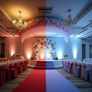 Split-view comparison of banquet halls in Wazirpur and Rohini with elegant floral stage décor and contrasting lighting themes