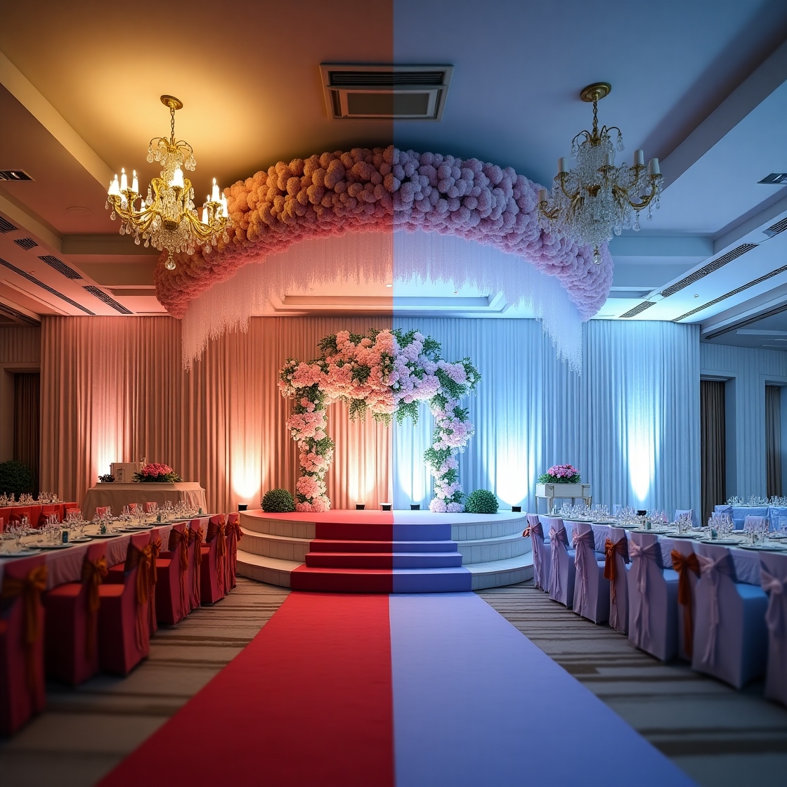 Split-view comparison of banquet halls in Wazirpur and Rohini with elegant floral stage décor and contrasting lighting themes