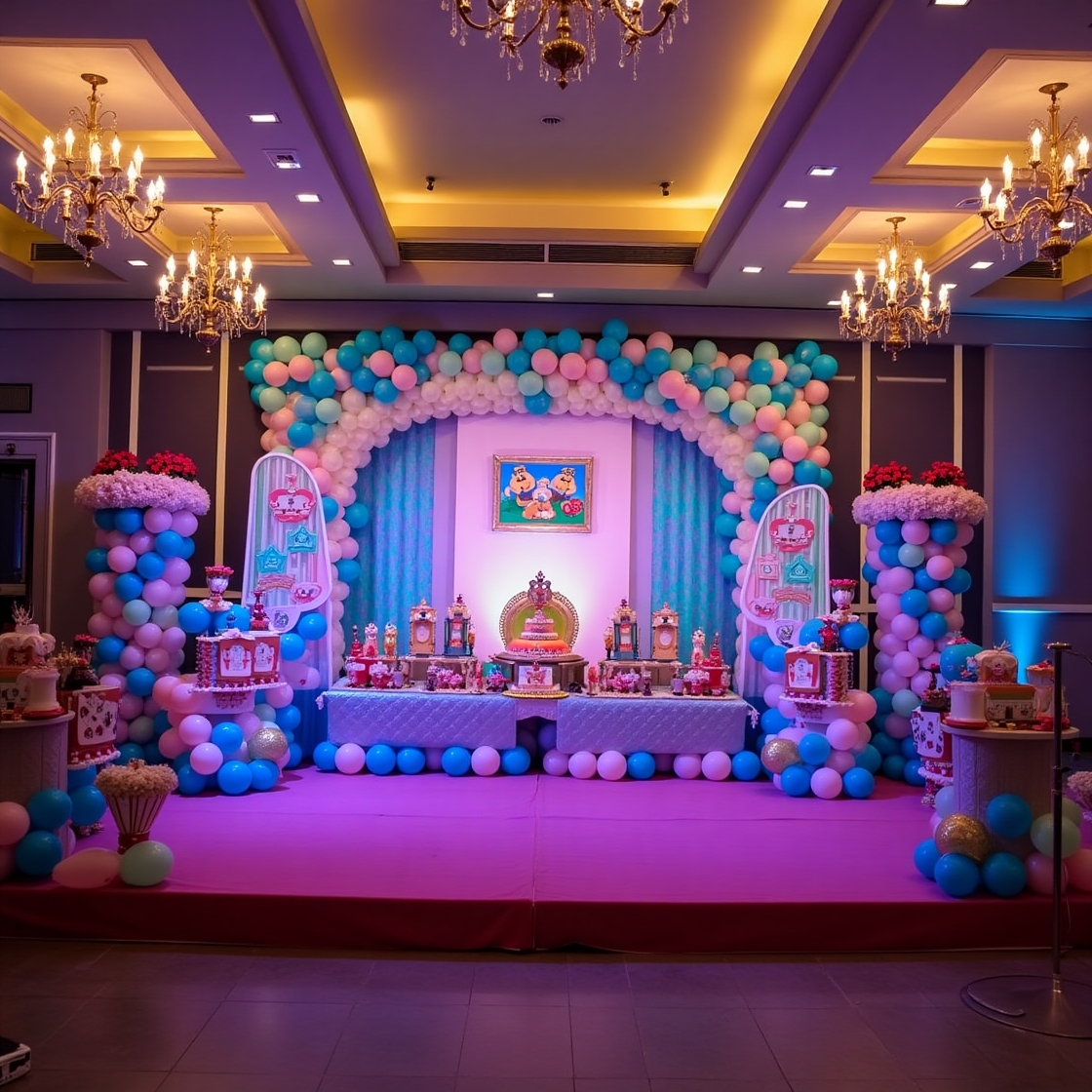 Colorful birthday party setup for kids at Royal Pepper Banquets with balloon decorations, themed cakes, and cartoon backdrop.
