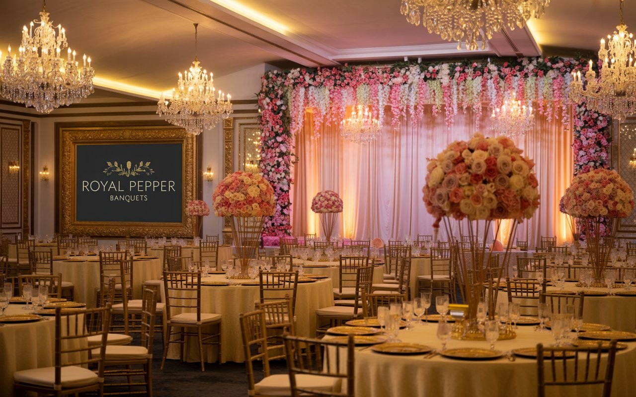 Elegant banquet hall setup at Royal Pepper Banquets in Wazirpur