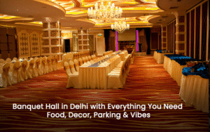 Luxury banquet hall in Delhi with elegant decor, ample seating, and vibrant lighting setup