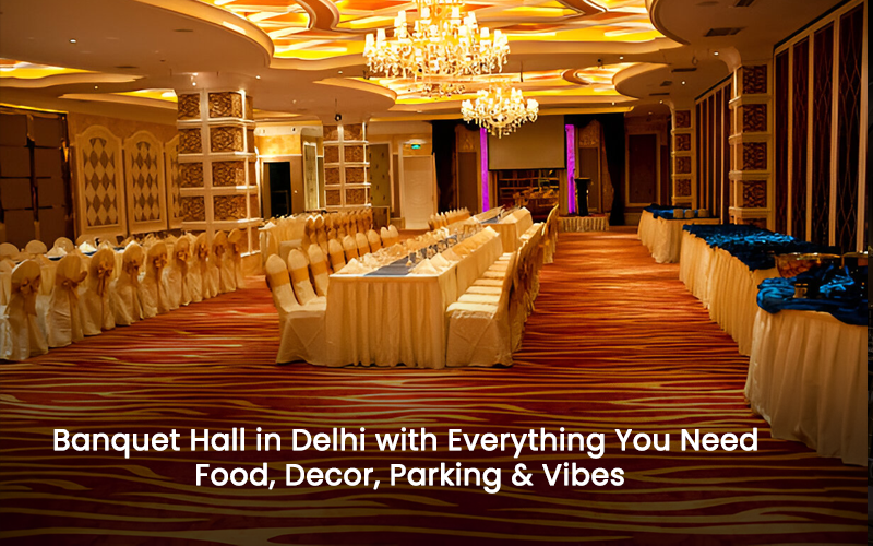 Luxury banquet hall in Delhi with elegant decor, ample seating, and vibrant lighting setup