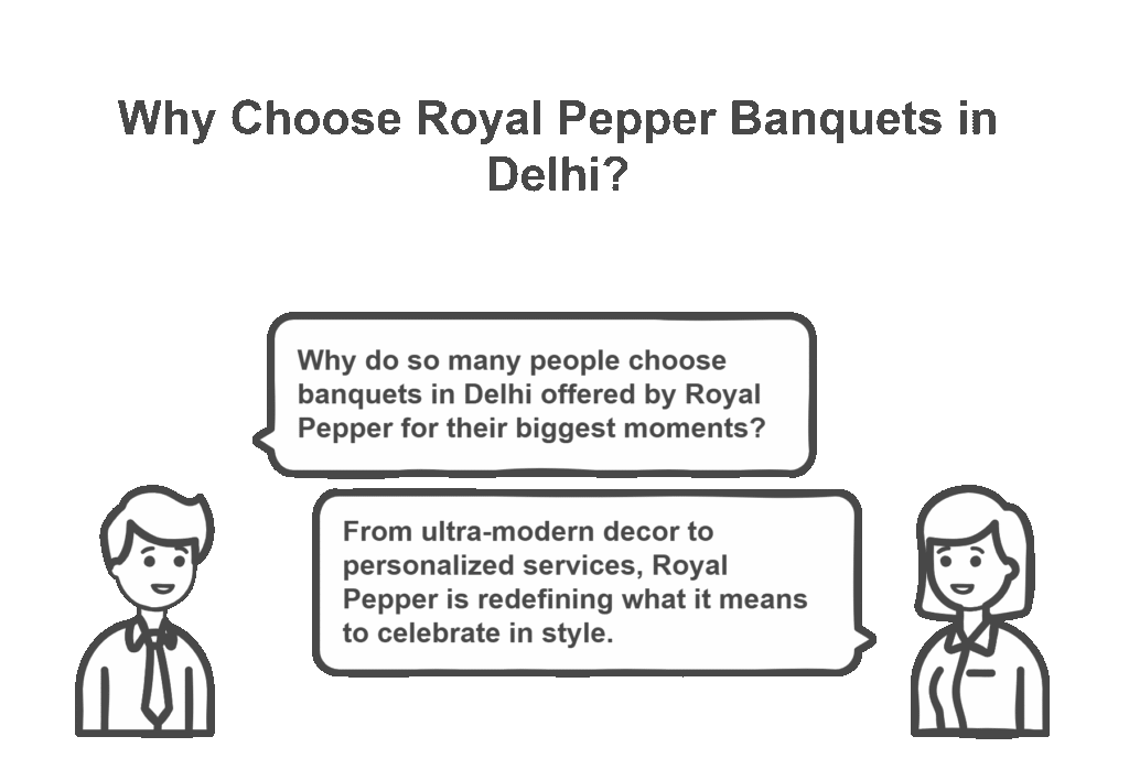 “Illustration of two people discussing why to choose Royal Pepper Banquets in Delhi, highlighting features like modern decor and personalized services.”