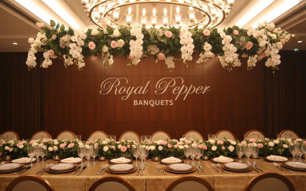 Elegant banquet hall setup with floral chandelier at Royal Pepper Banquets in Delhi
