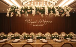 Elegant banquet hall setup with floral chandelier at Royal Pepper Banquets in Delhi