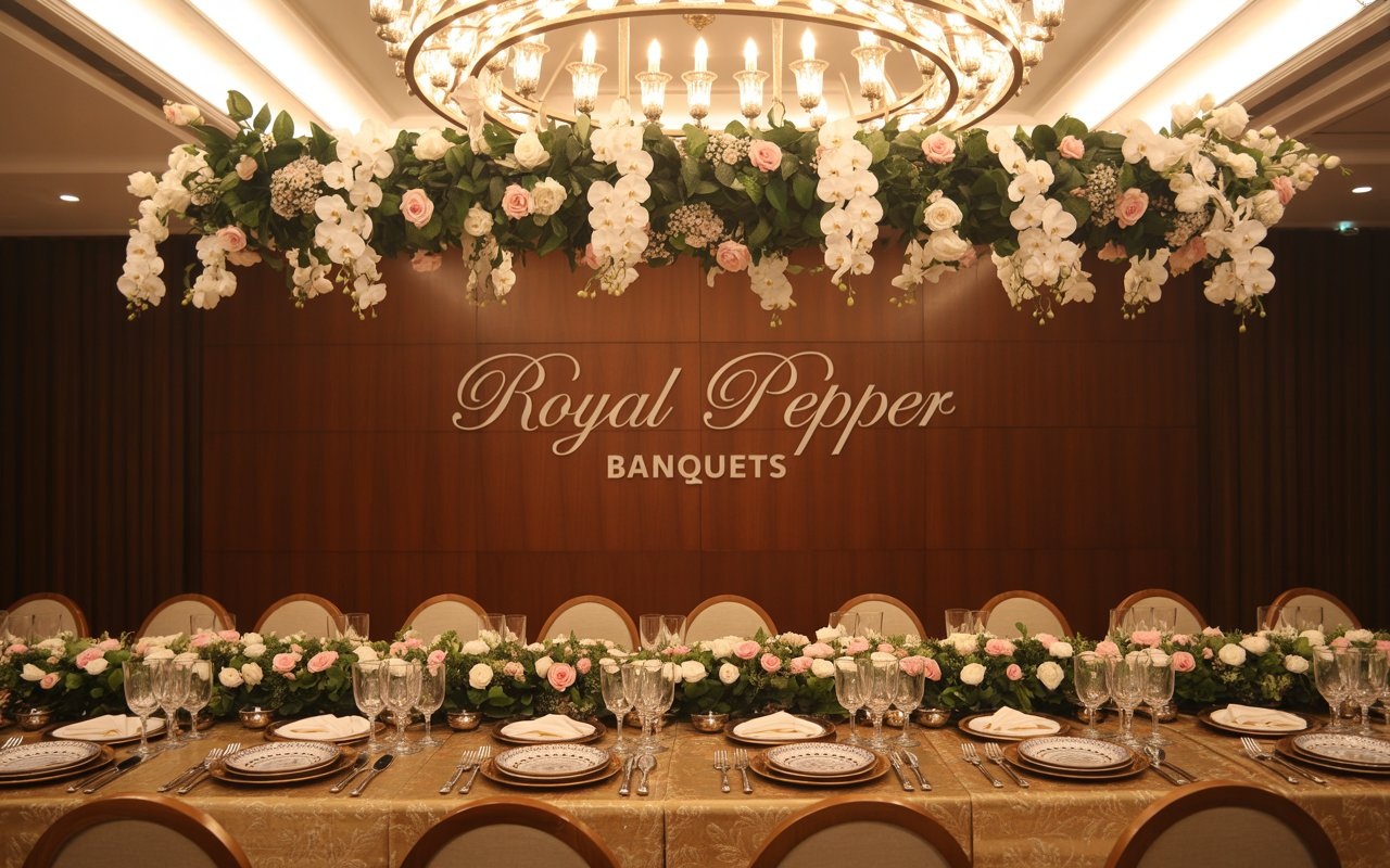Elegant banquet hall setup with floral chandelier at Royal Pepper Banquets in Delhi