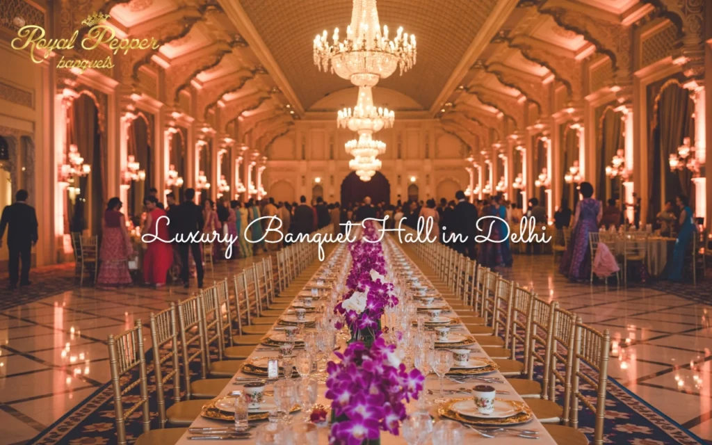 Opulent banquet hall with chandeliers, long floral-decorated dining table, and elegantly dressed guests at Royal Pepper Banquets in Delhi.