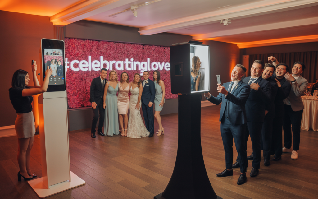 Guests at a wedding celebration using modern photo booths, with one group posing in front of a #celebratinglove backdrop and another group of groomsmen laughing while taking selfies with a mirror-style photo booth.