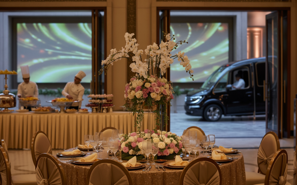 Luxury banquet hall setup in Delhi with elegant floral table decor, gourmet buffet stations, and valet service visible through open glass doors.